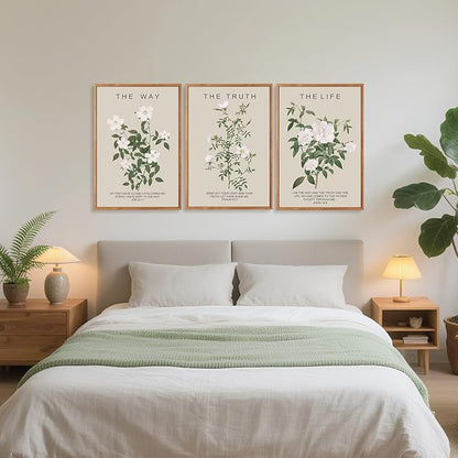 Aurlan The Way The Truth The Life Bible Verse Framed Wall Art(24"x36"), 3PCS Boho Christian Scripture Canvas Artwork, Large Floral Botanical Job 23:11 Psalm 43:3 John 14:6 Decor for Home Bedroom