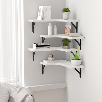 ROMGUAR CRAFT Corner Floating Shelves Wall Mounted Set of 4, Rustic Wood Storage Display Shelves for Home Decor, Bathroom, Kitchen, Bedroom, Living Room, Office (White)