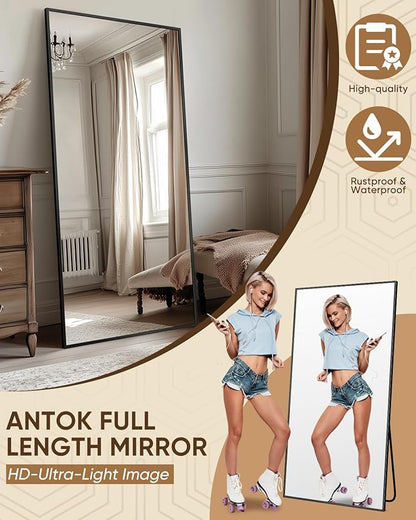 Antok Full Length Mirror, 58"x20" Floor Mirror, Floor Standing Freestanding Full Body Mirror with Stand for Bedroom, Hanging Mounted for Living Room Cloakroom, Black