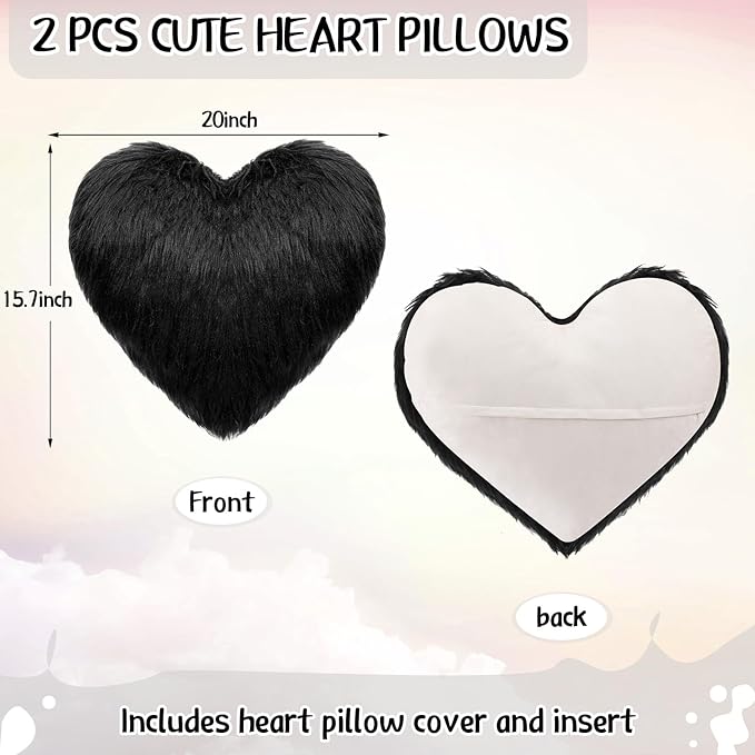 Enhon 2 Pcs Fluffy Heart Pillows Faux Fur Heart Shaped Plush Pillow Soft 20 x 15.7 Inch Love Throw Pillows with Insert for Decorative Office Home Bedroom Living Room Sofa(Black)