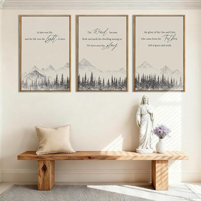 IARTTOP Extra Large Christian Bible Verse Framed Wall Art 24x36 Inch Set of 3 Easter Jesus Catholic Biblical Scripture Canvas Wall Decor Minimalist Grey Mountain Landscape Prints for Living room Dining room