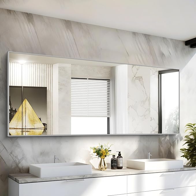 COFENY 36x72inch Bathroom Mirror, Silver Rectangle Mirror with Thin Metal Frame, Large Rectangular Wall Mirrors for Bathroom, Living Roomm, Hair Salon, Big Farmehouse Mirror Hang Horizontal/Vertical