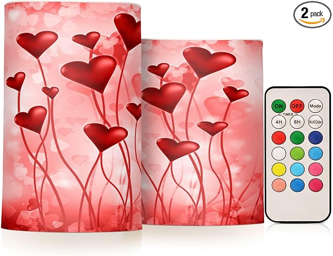 ALAZA Pink Hearts Flickering Flameless Candles Battery Operated with Remote Timer,Tea Light Candles LED Pillar Votive Candles Set of 2 for Outdoor Indoor Decorations