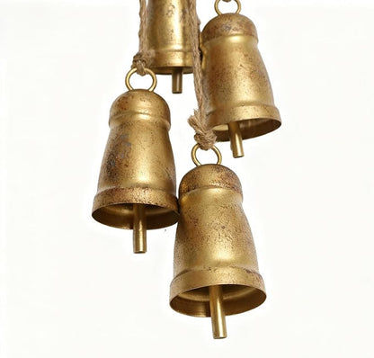 Vintage Gold Metal Cow Bell Garland, Set of 6 Handmade Hanging Bells with Jute Rope, Rustic Farmhouse Ranch-Style Distressed Bells for Porch Wreath Walls Mantels Patio Xmas Décor