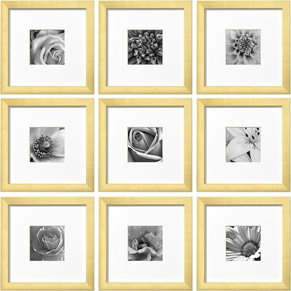 eletecpro 8x8 Picture Frames Set of 9 with Mat for 4x4 Photos or without Mat for 8x8, Square Gallery Wall Decor Collage for Picture Display, Gold Frame Set for Wall Hanging