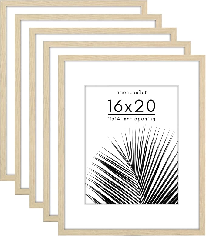 Americanflat 16x20 Picture Frame with Polished Plexiglass - Set of 5 - Use as 11x14 Frame with Mat or Display 16x20 Photo Without Mat - Galleria Collection - Picture Frames for Wall - Natural Oak