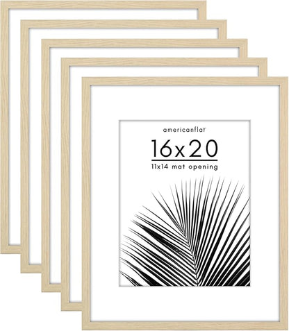 Americanflat 16x20 Picture Frame with Polished Plexiglass - Set of 5 - Use as 11x14 Frame with Mat or Display 16x20 Photo Without Mat - Galleria Collection - Picture Frames for Wall - Natural Oak