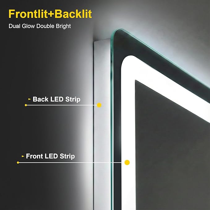 LED Bathroom Mirror with Lights - Anti-Fog, Dimmable, Backlit+Frontlit, 3 Color Light - 24"x32" Lighted Vanity Mirrors for Wall, Shatterproof Tempered Glass, Memory Function
