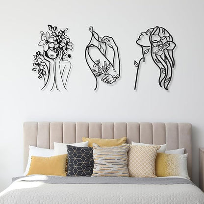Photect 3 Pcs Metal Wall Art Decor Minimalist Abstract Woman Wall Art Metal Modern Line Drawing Decor Female Single Line Home Hanging for Bedroom Bathroom Living Room Housewarming(Stylish,Black)