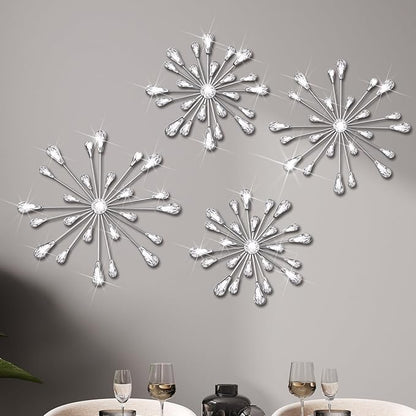 Hicarer 4 Pcs Starburst Wall Decor Bling Wall Art Crystal Teardrop 3D Hanging Rhinestone Radial Metal Artwork Modern Accent Sculptures Decorations for Living Room Home Office Bedroom(Silver)