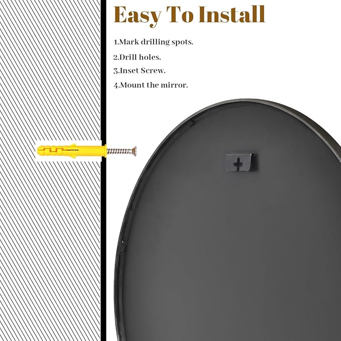 VooBang Black Round Mirror, Small 16" Circle Mirror, Round Wall Mirror with Simple Metal Frame, Modern Round Mirror Hanging for Bathroom, Bedroom, Entryway Wall Decoration, (16" Black)
