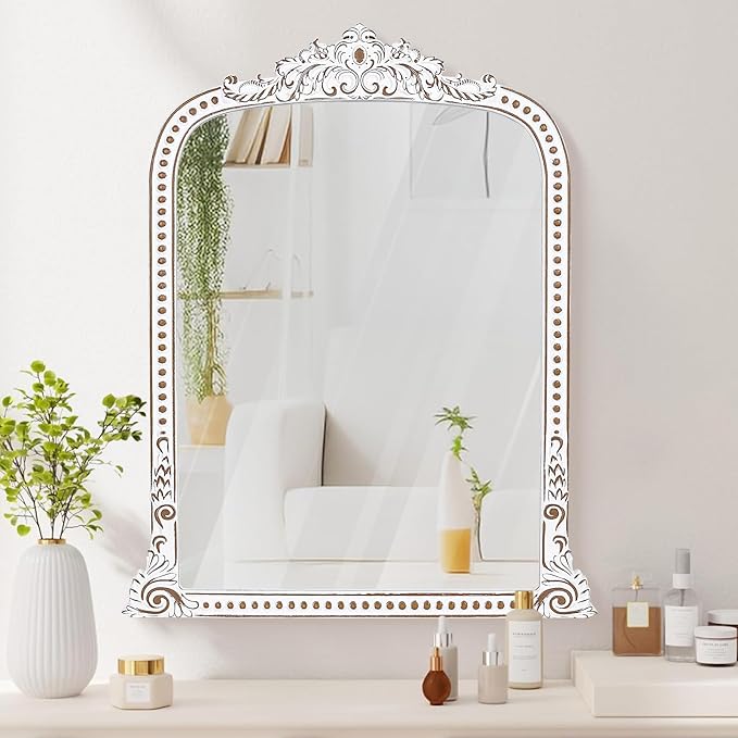 HOITUZYUS Ornate Baroque Statement Mirror: 42x34 Inch Wooden Arched Wall Mirror, French Vintage Decorative Mirrors for Entryway, Fireplace Mantel, Living Room, Bathroom