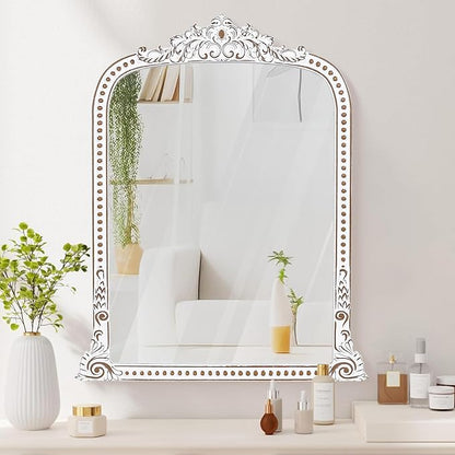 HOITUZYUS Ornate Baroque Statement Mirror: 42x34 Inch Wooden Arched Wall Mirror, French Vintage Decorative Mirrors for Entryway, Fireplace Mantel, Living Room, Bathroom