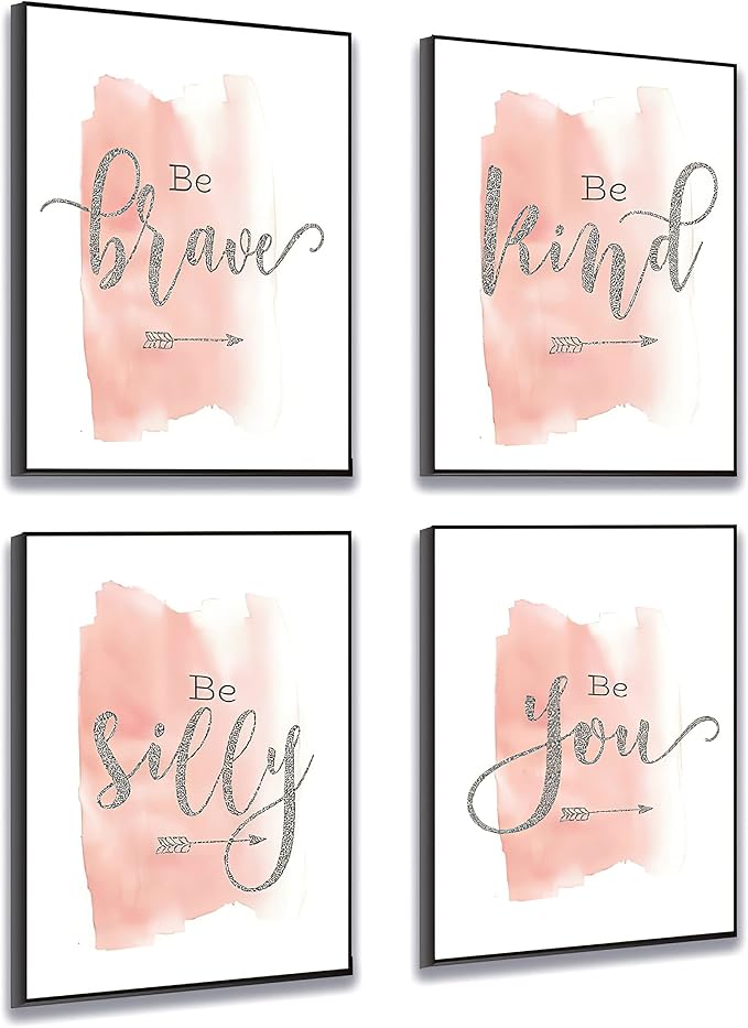 Set of 4 Teen Girl Framed Wall Art Canvas Painting Be Brave Inspirational Quotes Print Blush Grey Poster Picture Nordic Girls Bedroom Decor