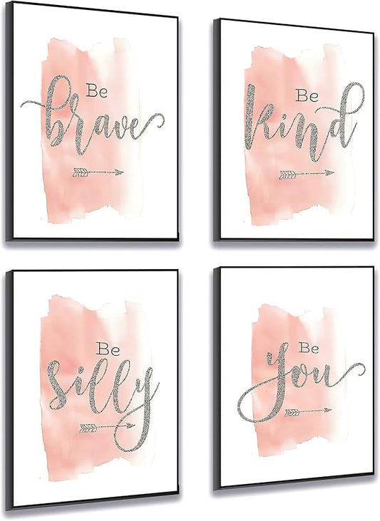 Set of 4 Teen Girl Framed Wall Art Canvas Painting Be Brave Inspirational Quotes Print Blush Grey Poster Picture Nordic Girls Bedroom Decor