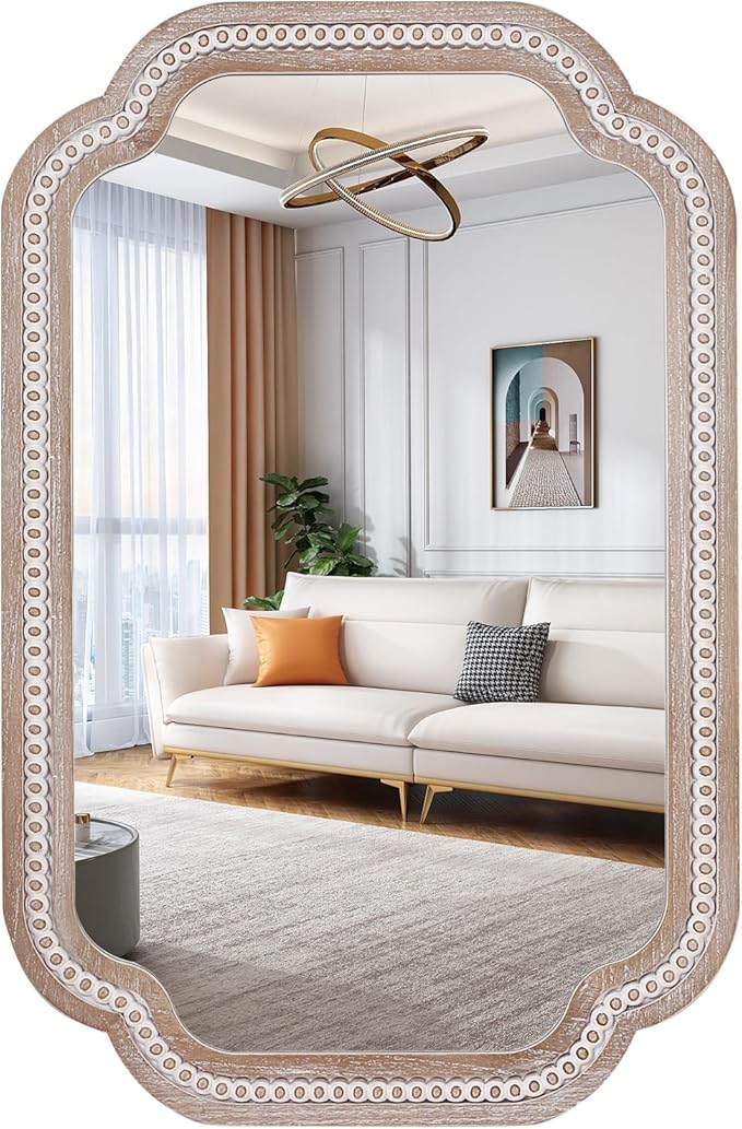 36x24 Inch Boho Wooden Scalloped Mirror for Entryway, Rustic Farmhouse Decorative Mirrors for Bathroom Over Sink, Living Room, Bedroom, Hallway (Vertical/Horizontal)
