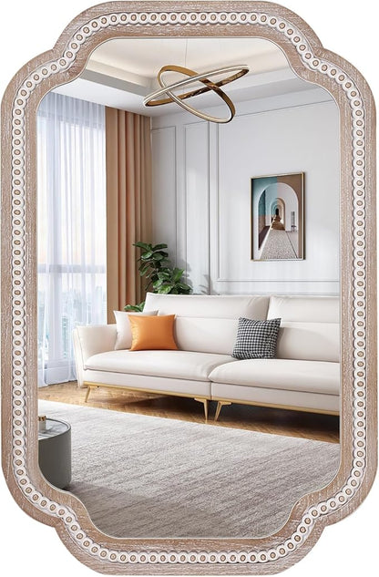36x24 Inch Boho Wooden Scalloped Mirror for Entryway, Rustic Farmhouse Decorative Mirrors for Bathroom Over Sink, Living Room, Bedroom, Hallway (Vertical/Horizontal)