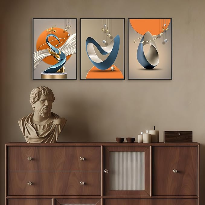 3 Pcs Modern Abstract Canvas Wall art Golden Deer Luxury Foil Lines Wall Decoration Pictures Paintings White Blue orange color Grey posters Prints for Living Room Bedroom Office Home Decoration