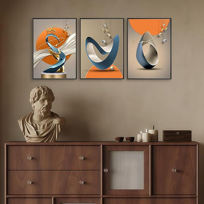 3 Pcs Modern Abstract Canvas Wall art Golden Deer Luxury Foil Lines Wall Decoration Pictures Paintings White Blue orange color Grey posters Prints for Living Room Bedroom Office Home Decoration
