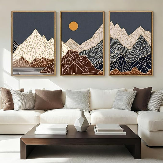 ANHUIB Farmhouse Mountain Wall Art Geometric Mountain Range Wood Wall Decor for Living Room Bedroom Office 16x24 Inch Set of 3
