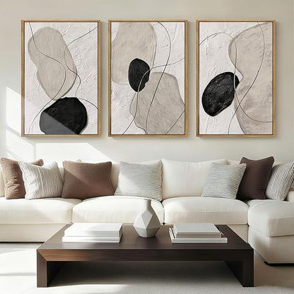 ANHUIB Neutral Abstract Wall Art Canvas,Mordern Geometric Wall Decor Framed,Contemporary Minimalist Artwork, Black Beige Canvas Prints, 3 Piece 24 * 36IN Painting for Living Room Bedroom Office