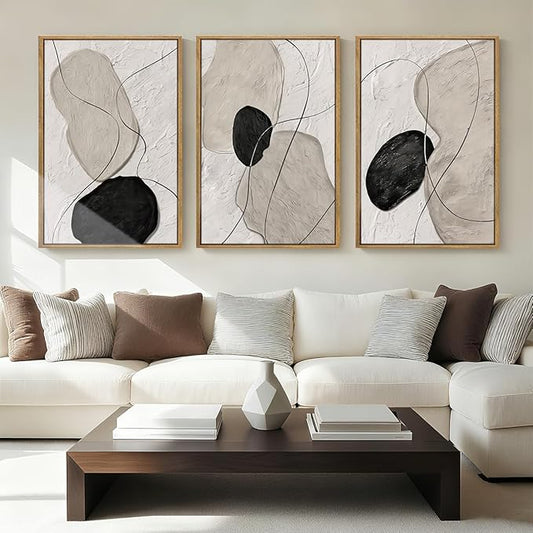 ANHUIB Neutral Abstract Wall Art Canvas,Mordern Geometric Wall Decor Framed,Contemporary Minimalist Artwork, Black Beige Canvas Prints, 3 Piece 24 * 36IN Painting for Living Room Bedroom Office