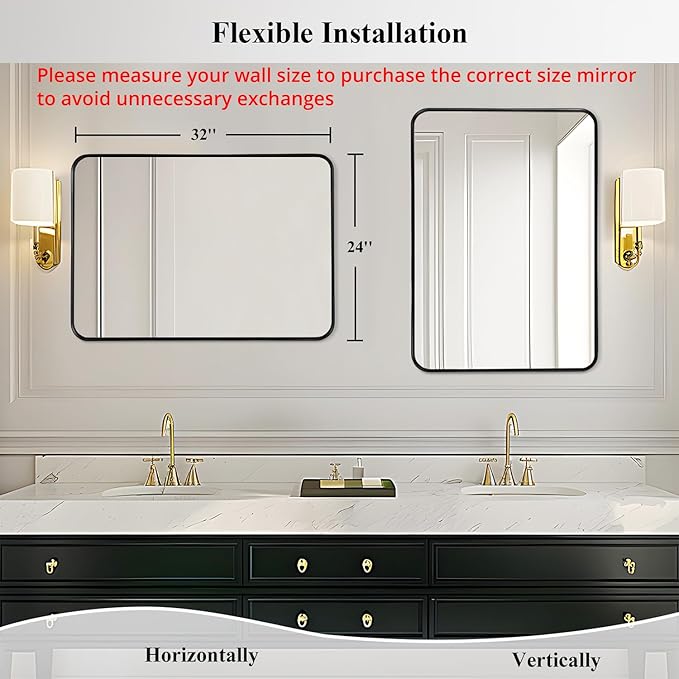 Fabuday Bathroom Mirror for Over Sink - 24x32 Inch Rectangle Black Framed Mirror for Bathroom, Metal Frame Bathroom Vanity Mirror Wall Mounted for Restroom, Farmhouse, Living Room, Hallway