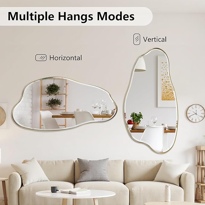 POZINO Large Irregular Beveled Mirror, 53.5"x27" Asymmetrical Aesthetic Mirror with Metal Frame, Cloud Shaped Mirrors for Living Room Bathroom Bedroom Hallway Entryway, Horizontal or Vertical Hanging