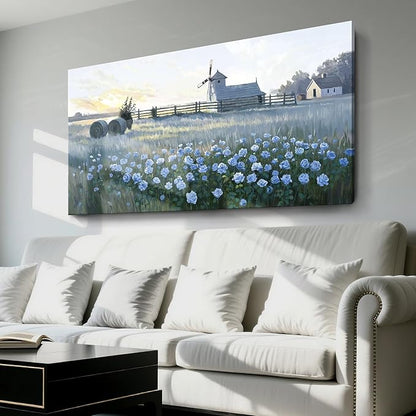 amatop Oversize Pastoral-Style Living Room Wall Art, Blue Farm Windmill Canvas Print Picture, Natural Plant And Flower Field Artwork For Bedrooms, Studies, Offices, And Dining Rooms. 58X29 Inches.