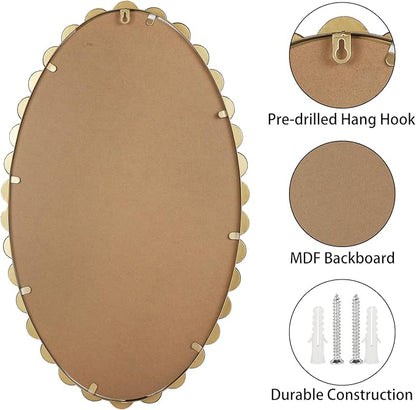 Oval Round Wall Mirror - 30 Inch Decorative Framed Bathroom/Living Room Accent Mirror with Beaded Ball Trim - Vintage Modern Style