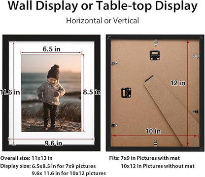 KINLINK 10x12 Picture Frame Black, Solid Wood Frames with Acrylic Plexiglass for Pictures 7x9 with Mat or 10x12 without Mat, Tabletop and Wall Display Photo Frame, Set of 4