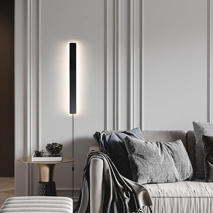 KELUOLY Modern Plug in Wall Sconces, 23.6 inch Frosted Black LED Long Wall Lights, 12W Warm White 3000K Acrylic Indoor Wall lamp,with 59" Plug Cable for Bedroom, Living Room, Bathroom Makeup, Hallway