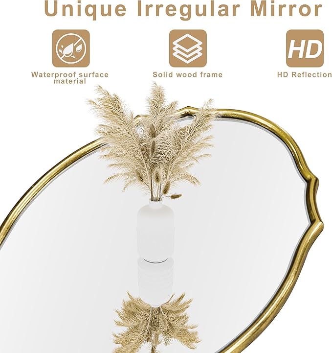 36''x24'' Wood Framed Gold Vintage Mirror, Large Antique Mirrors for Wall, Rustic Thick Frame Polygon Oval Mirror Decor Bathroom Living Room Entryway Stairway Kitchen (Gold)