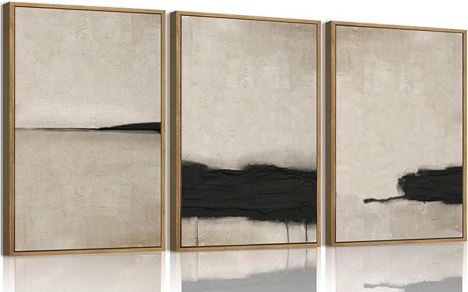myusuar 3 Piece Large Modern Abstract Canvas Framed Wall Art For Living Room, Black And Beige Vintage Minimalist Wall Art Decor Posters Prints For Bedroom Office 16x24in