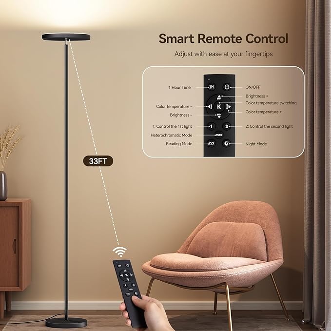 SUNMORY Floor Lamps for Living Room, 28W/1600LM Bright LED Floor Lamp with Remote & 2 Rotatable Lights, 74" Dimmable Tall Standing Lamp, Modern Reading Torchiere Corner Lamp for Bedroom Office, Black