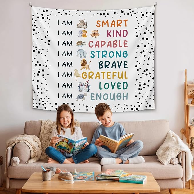 Soft Flannel Wall Tapestry – I Am Kind,I Am Smart Inspirational Tapestry,Cute Animal Patterns Wall Hanging Decor for Bedroom Living Room Kids Room Decor,Birthday Party Wall Art Decoration 59x51 inch(Colorful-I am smart)