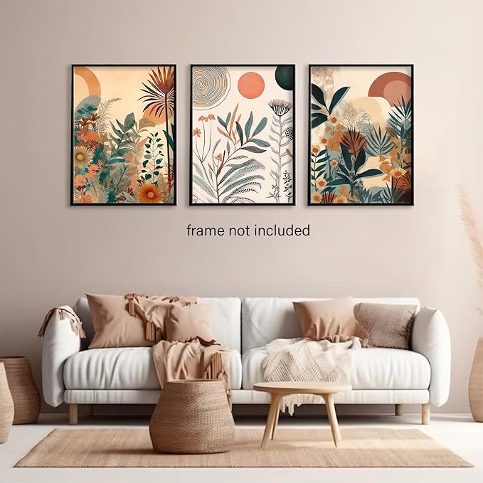 LYPHNX Boho Burnt Orange Botanical Floral Canvas Wall Art Abstract Terracotta Jungle Poster Pictures Set of 3 Flower Prints Painting Home Decor for Bathroom Bedroom Living Room 16"x24" Unframed