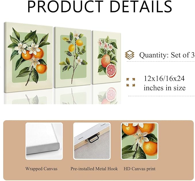 LHHJDIO 3 Piece Vintage Fruit Canvas Wall Art Trendy Kitchen Wall Art Boho Orange Lemon Grapefruit Pictures Wall Decor Citrus Botanical Art Prints for Dining Room Living Room 16"x24"
