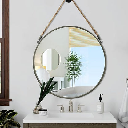 POZINO Round Rope Mirror, 30 Inch Large Circle Farmhouse Mirror, Hanging Mirror for Bathroom Bedroom Living Room Bathroom Entryway Fireplace, Grey