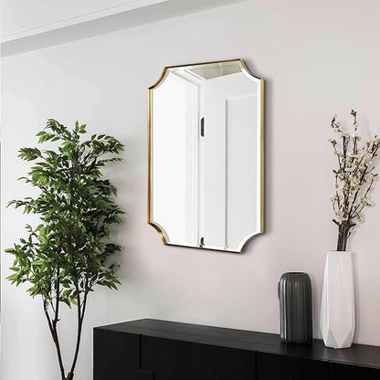 POZINO Rectangle Beveled Mirror, 22"x30" Brushed Gold Bathroom Vanity Mirror, Modern Aesthetic Scalloped Edge Wall Mirrors for Bedroom Living Room Hallway Entryway, Horizontal or Vertical Hanging