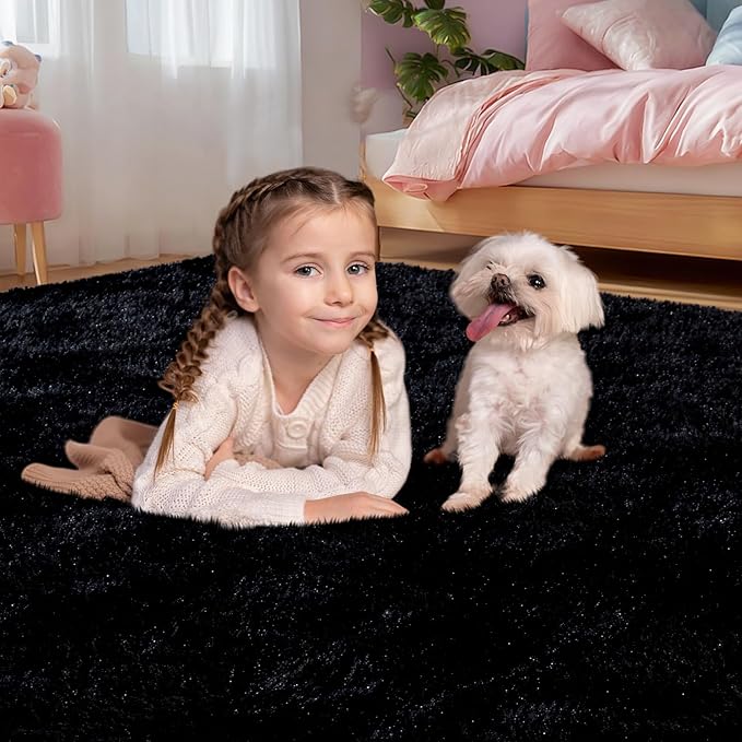 qulint Black Rug for Living Room, 10x14 Area Rug for Bedroom Soft Fluffy Large Carpet, Shag Shaggy Modern Alfombra para Sala for Boys and Girls Dorm Classroom Office Home Decor (10ft x 14ft, Black)