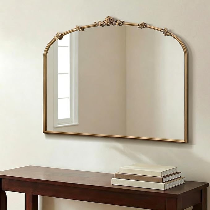 Besdomus Vintage Gold Arched Mirror: 36"x29" Traditional Ornate Antique Mirror - French Baroque Decorative for Wall/Mantel/Bedroom/Entryway/Bathroom/Hallway - Home Decor for Fashion-Conscious