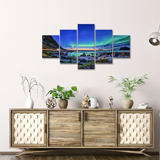 Aurora Scenery Painting on Canvas Prints Mountains-Landscape Poster Aurora Borealis Canvas Wall Art Prints Painting Artwork for Living Kids Room Office Wall Decoration Framed(70Wx40H)