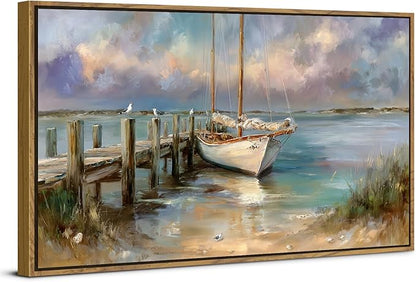 Vintage White Boat Wall Art Framed Coastal Wall Decor Bathroom Bridge Dock Decorations Vintage Ocean Beach Landscape Picture Canvas Prints Seascape Seagull Poster Artwork Living Room Decoration 24x48