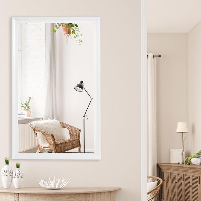 CULER White Wood Wall Mirror for Bathroom,Rectangle Rustic Large 30 x 48 inch Hanging Vanity Mirrors with Wooden Frame for Living Room,Bedroom,Entryway