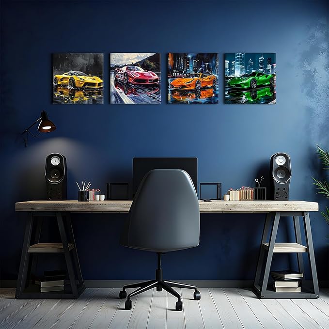 Sport Car Wall Art Car Posters for Boys Room Decor Supercar Pictures Wall Decor Cool Racing Paintings Canvas Prints Abstract Street Racing Vehicle Posters Artwork Teens Men Office Decoration 12x12" 4P