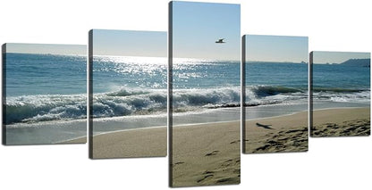 Beach Wave Ocean Painting on Canvas 5 Piece Wall Art Modern Landscape Scenery Posters and Prints Pictures for Living Room Bedroom Gallery-wrapped Canvas Art Set Framed (50''W x 24''H)