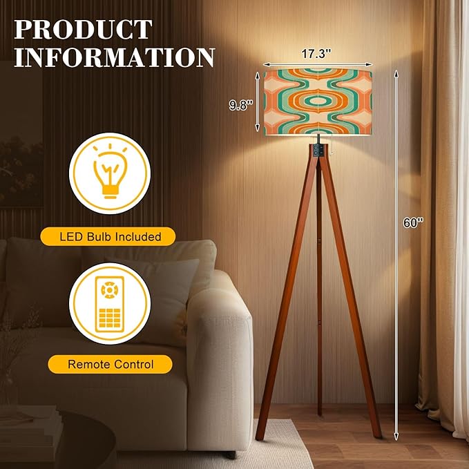 Wood Tripod Floor Lamp 50s Mid Century Modern Seamless Mid Century Standing Lamp Linen Shade Dimmable Modern Tall lamp Home Decor for Living Room Bedroom Office