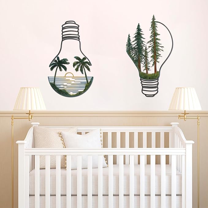 ESTART Metal Pine Tree Wall Art, Metal Bulb Wall Decor, Nature Rustic Farmhouse Cabin Decor, Forest Wall Art for Home Living Room Bedroom Office Indoor and Outdoor Decoration (Colorful)