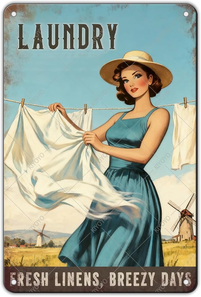 Laundry Vintage Tin Sign Funny Sarcastic Fresh Linens Breezy Days Retro Housewife Design Vintage 1950s Mom 12x8 Inch